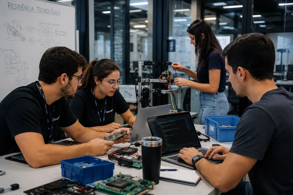 Jovens trabalhando em notebooks e protótipos eletrônicos em um laboratório