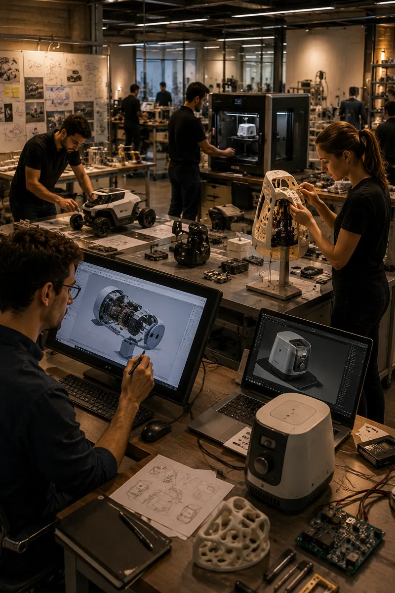 Equipe testa protótipos em um laboratório, com um modelo 3D aberto no computador