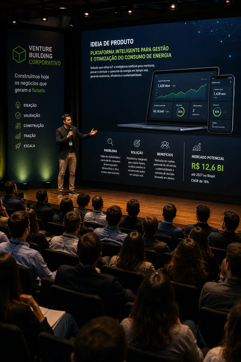 Startup apresenta sua solução no palco para uma plateia de executivos durante um programa de inovação aberta