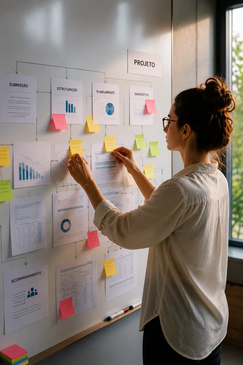 Profissional organiza post-its e fluxos de um projeto num quadro branco