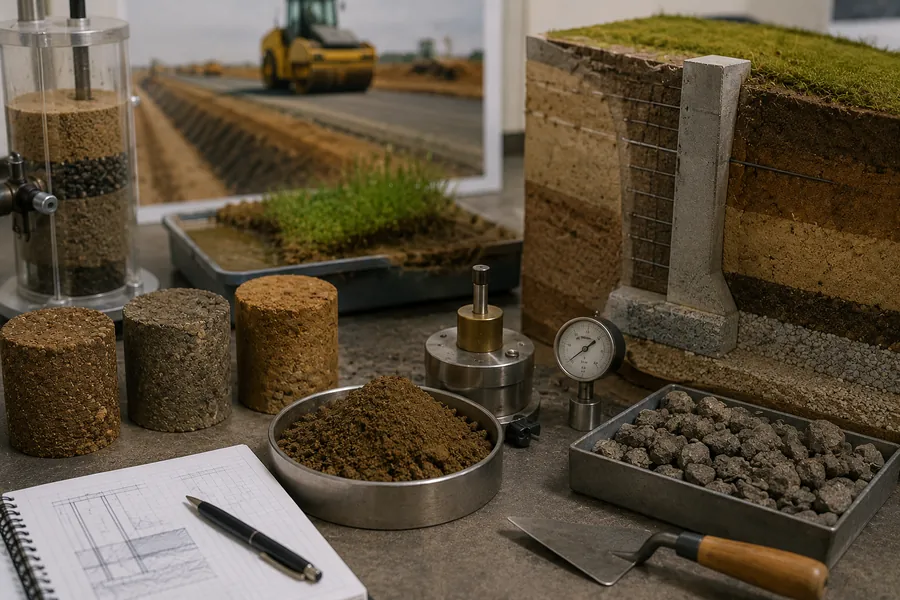 Amostras de solo, cilindros de ensaio e equipamento de compactação em laboratório