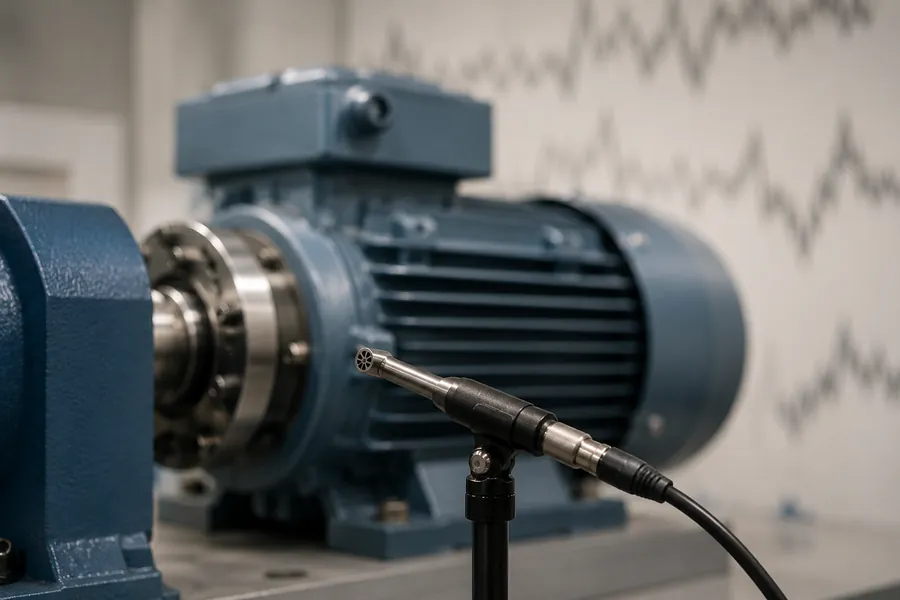Motor elétrico com sensor de vibração acoplado em bancada de ensaios