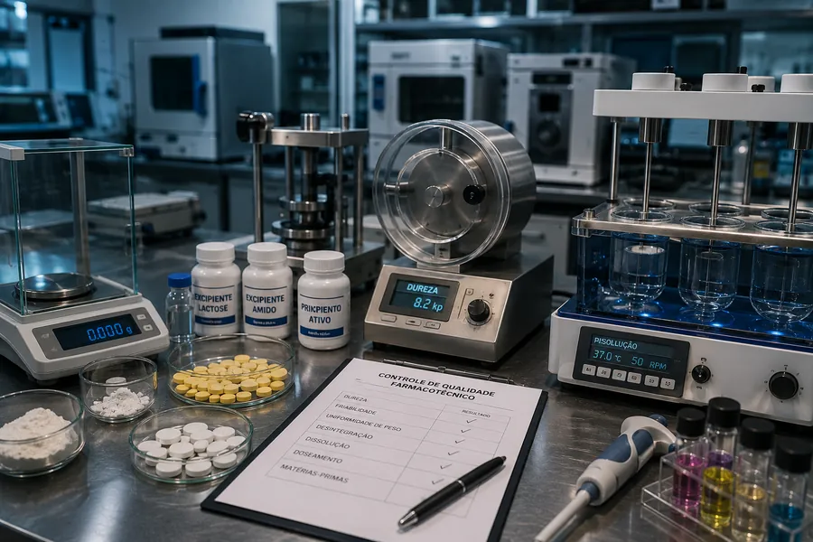 Bancada de laboratório farmacêutico com equipamento de dissolução, comprimidos e balança