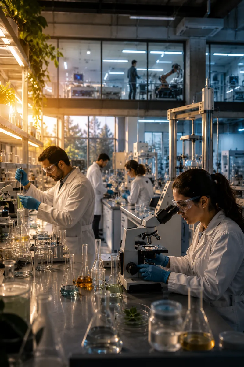 Pesquisadores de jaleco realizam análises em bancada de laboratório
