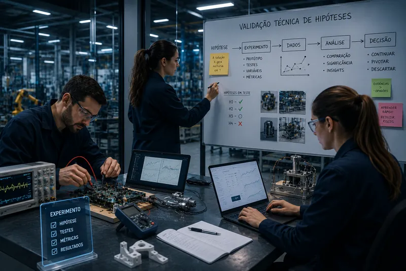 Equipe analisa gráficos e um quadro de validação técnica numa sala de projetos