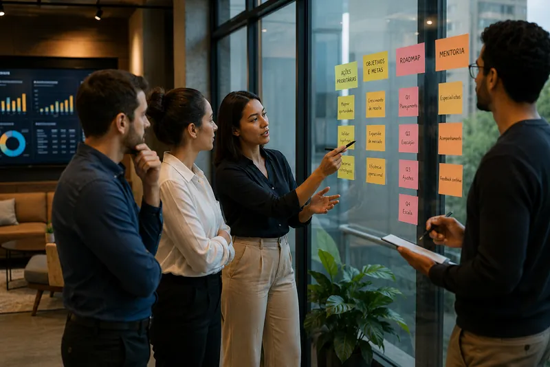 Equipe priorizando ações com post-its em uma parede de vidro