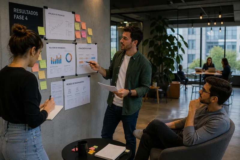 Time revisando gráficos de resultados da fase 4 em um painel