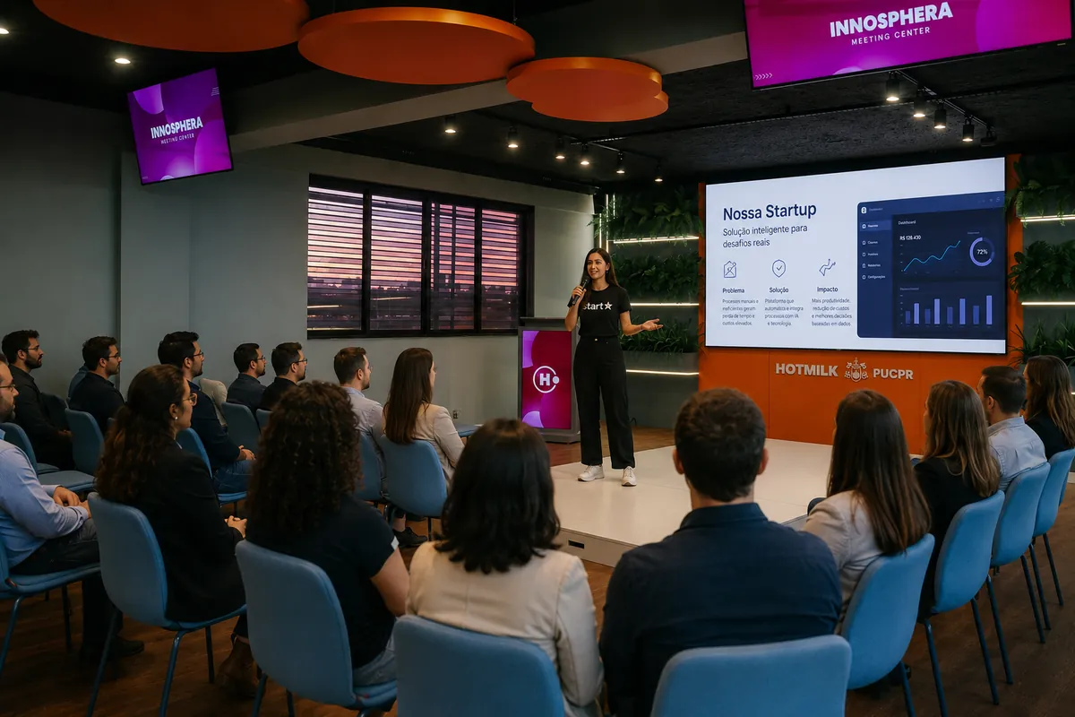 Founder apresentando o pitch da startup para a plateia no Innosphera Meeting Center